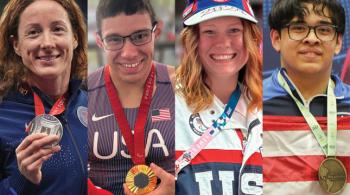 A collage showing Tatyana McFadden, Daniel Romanchuk, Taylor Winnett and Noah Hassan, four Paralmypians who once competed for the Bennett Blazers, Kennedy Krieger's adaptive sports team.